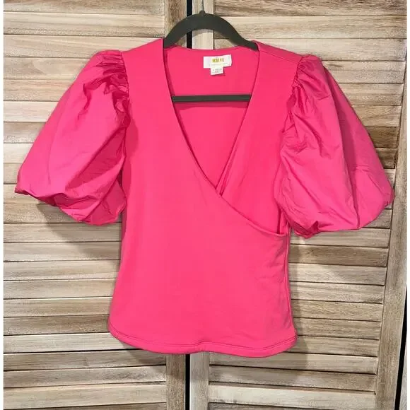 Anthropologie Maeve Hot Pink Puff Sleeve Wrap‎ Top sz XS BARBIE - Picture 5 of 8